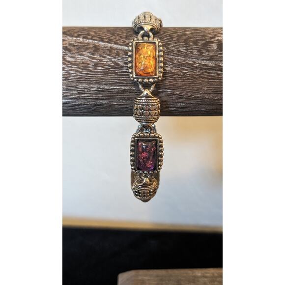 Antiqued Silver Tone Faux Multi-Color Opal Station Bracelet W/ Magnetic Clasp - Picture 6 of 6